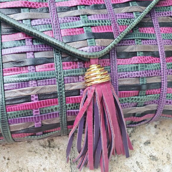 Sharif multi-color leather bag with woven detailing & front tassel, made in USA - Picture 8 of 12